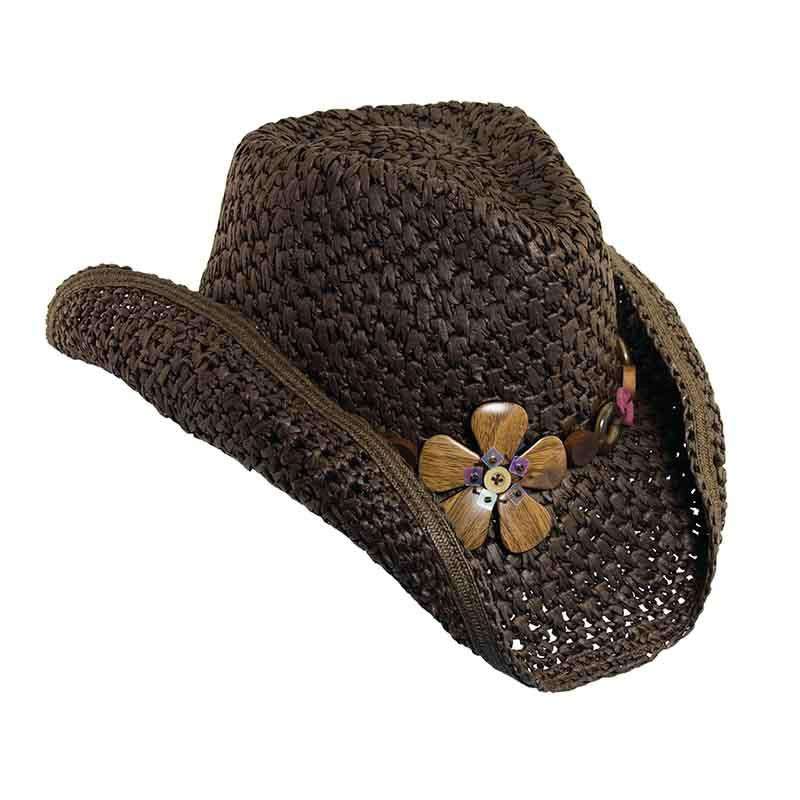 Crocheted Toyo Western Cowboy Hat with Wood Flower Accent - Scala Hats Cowboy Hat Scala Hats LT108BN Brown  