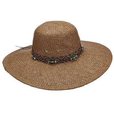 Woven Toyo Floppy Hat with Metallic Band and Beads - Scala Pronto Wide Brim Sun Hat Scala Hats lt193bn Brown  