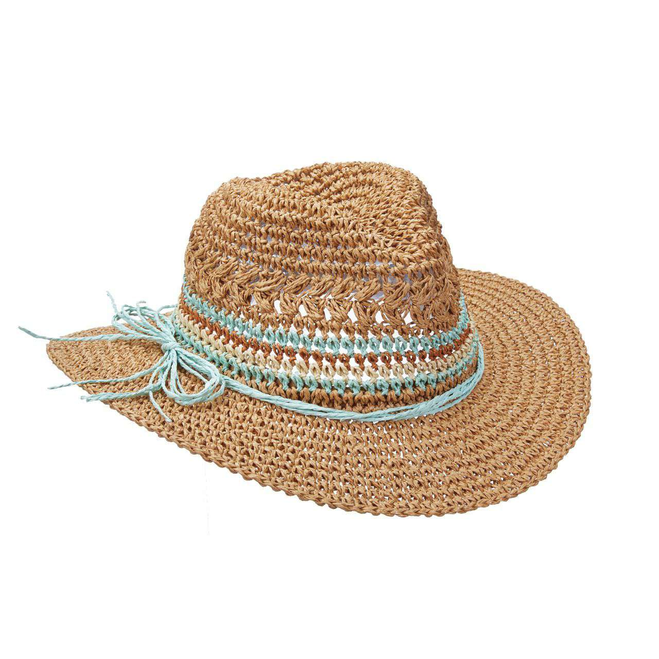 Crocheted Straw Fedora Hat with Multi Color Band - Scala Hats Fedora Hat Scala Hats lt194bntq Turquoise Medium (57 cm) 