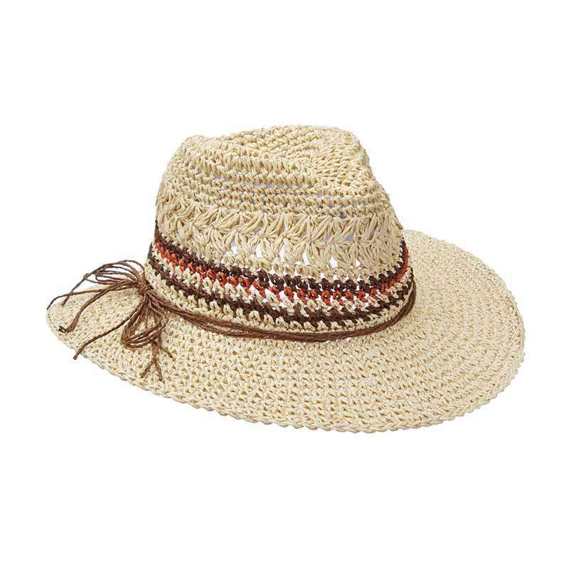 Crocheted Straw Fedora Hat with Multi Color Band - Scala Hats Fedora Hat Scala Hats lt194nt Natural Medium (57 cm) 