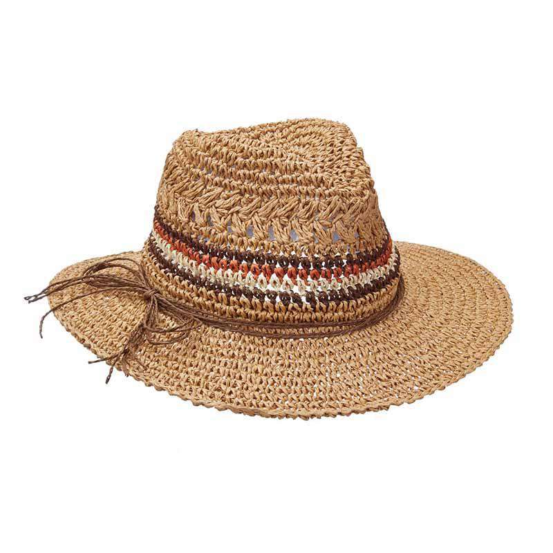 Crocheted Straw Fedora Hat with Multi Color Band - Scala Hats Fedora Hat Scala Hats lt194bn Brown Medium (57 cm) 