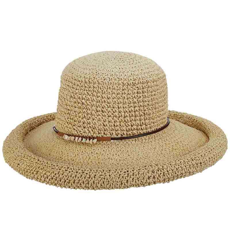 Rolled Brim Toyo Straw Hat with Stone Accented Tie - Scala Pronto Kettle Brim Hat Scala Hats lt215nt Natural  