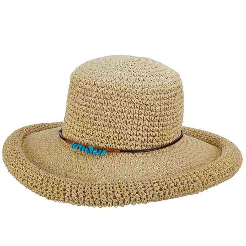 Rolled Brim Toyo Straw Hat with Stone Accented Tie - Scala Pronto Kettle Brim Hat Scala Hats lt215tq Turquoise  