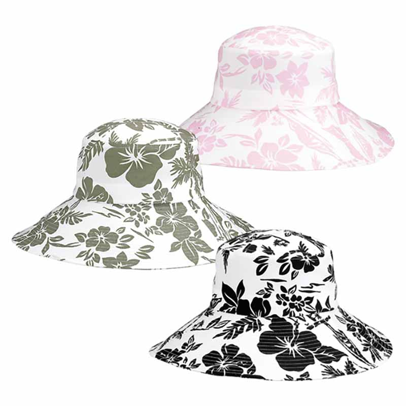 Ladies' Wide Brim Hibiscus Print Bucket Hat - Mega Cap Bucket Hat MegaCI 6535pk Pink OS (57-57.5 cm) 
