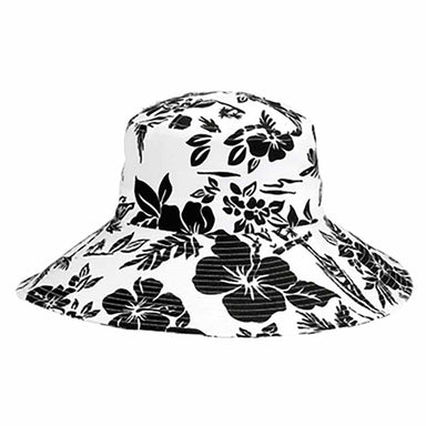 Ladies' Wide Brim Hibiscus Print Bucket Hat - Mega Cap Bucket Hat MegaCI 6535bk Black OS (57-57.5 cm) 