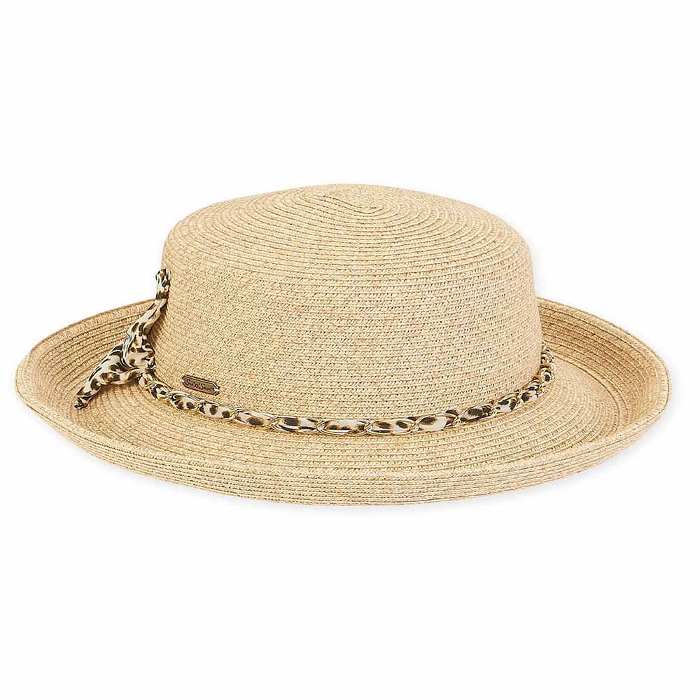 Large Heads Classy Up Brim Hat with Chiffon Leopard Tie - Sun 'N' Sand Hats Wide Brim Sun Hat Sun N Sand Hats HH2308B XL Natural Large (59 cm) 