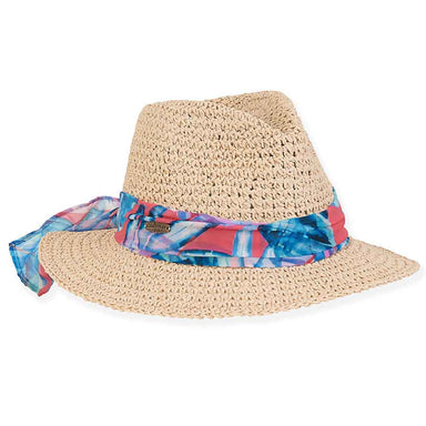 Loboe Crochet Toyo Safari Hat with Colorful Chiffon Tie - Caribbean Joe® Safari Hat Caribbean Joe HCj375 Natural M/L (58 cm) 