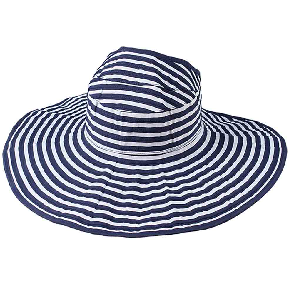 Open Crown Ponytail Roll Up Striped Sun Visor Hat - Jeanne Simmons Hats Facesaver Hat Jeanne Simmons JS6016NV Navy / Grey OS 
