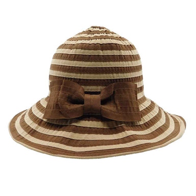 Packable Striped Ribbon Hat with Large Bow - Bohemian Fashion Cloche Bohemian Fashion LH6388bg Brown / Tan  