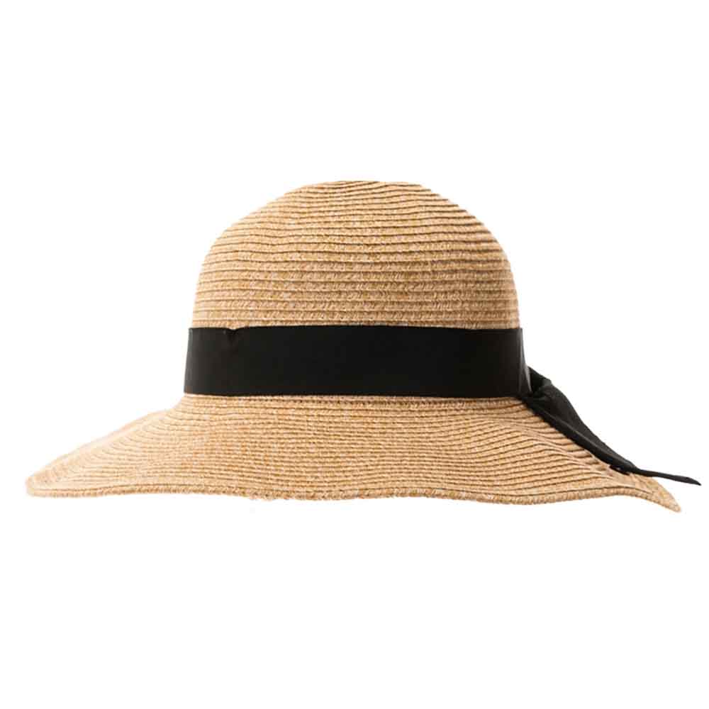 Packable Sun Hat for Women Wide Brimmed Natural Straw Hat with Butterfly Knot, Light Brown