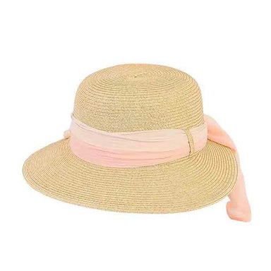 Petite Asymmetrical Brim Hat with Chiffon Scarf - Fun Day Sun Hat Wide Brim Hat Boardwalk Style Hats DA2946PK Pink Small (55 cm) 