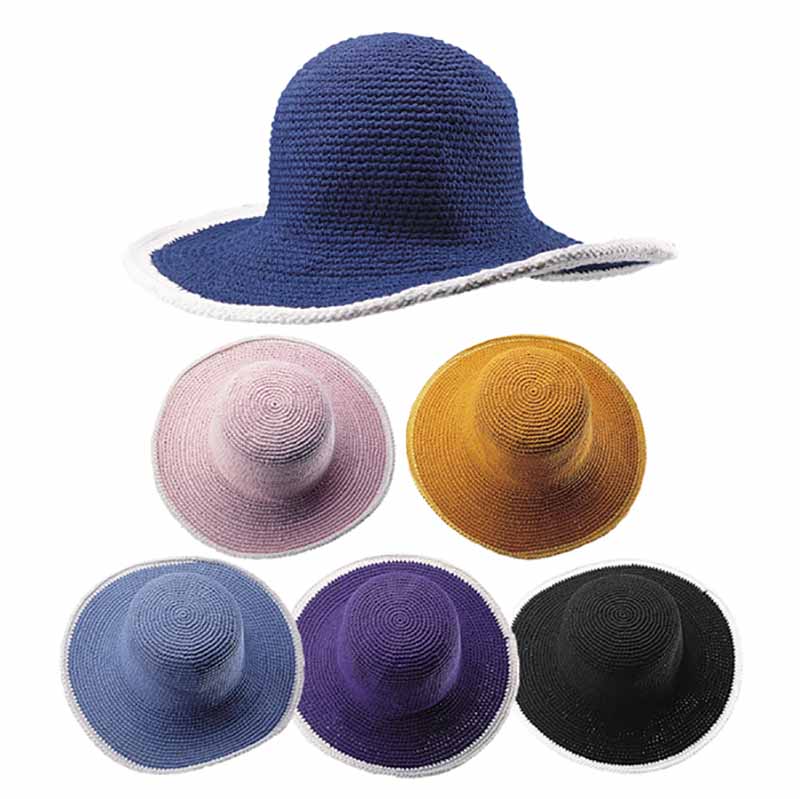 Petite Crocheted Cotton Summer Hat with White Trim Wide Brim Hat MegaCI MC2806-BK Black Small (54-56 cm) 