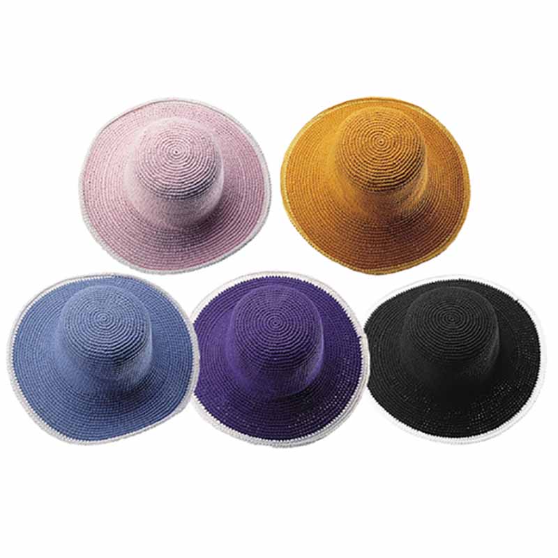 Petite Crocheted Cotton Summer Hat with White Trim Wide Brim Hat MegaCI MC2806-PK Pink Small (54-56 cm) 
