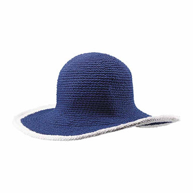 Petite Crocheted Cotton Summer Hat with White Trim Wide Brim Sun Hat MegaCI MC2806-NV Navy Small (54-56 cm) 