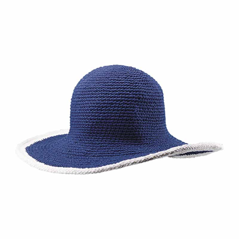 Petite Crocheted Cotton Summer Hat with White Trim Wide Brim Hat MegaCI MC2806-NV Navy Small (54-56 cm) 