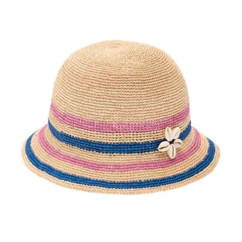 Petite Crocheted Raffia Cloche Hat with Cowrie Seashell - Fun Day Sun Hat Cloche Boardwalk Style Hats DAK106 Natural XS (53 cm) 
