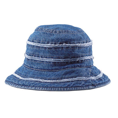 Petite Denim Cloche Hat with Frayed Stripes for Small Heads, Cloche - SetarTrading Hats 