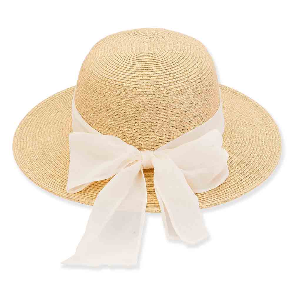 Petite Hats for Small Heads - Chiffon Bow Straw Wide Brim Beach Hat, Wide Brim Sun Hat - SetarTrading Hats 