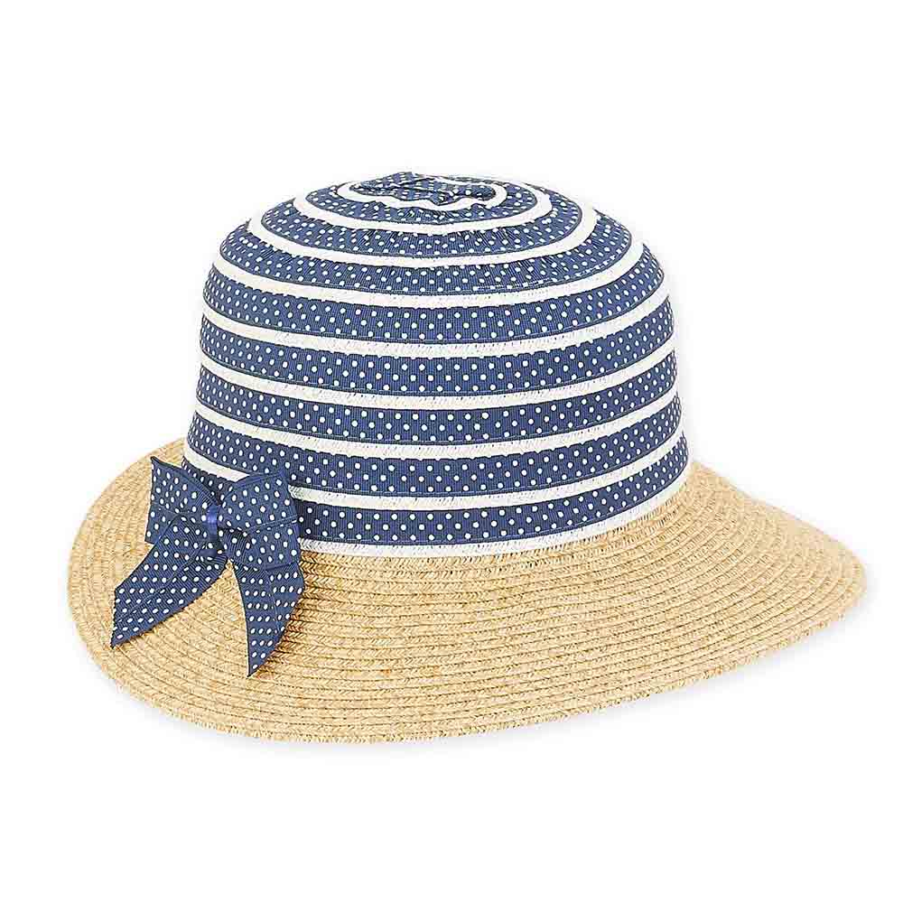 Petite Polka Dot Ribbon Sun Hat for Small Heads - Sunny Dayz™ Hats Facesaver Hat Sun N Sand Hats HK300A Navy Small (54 cm) 