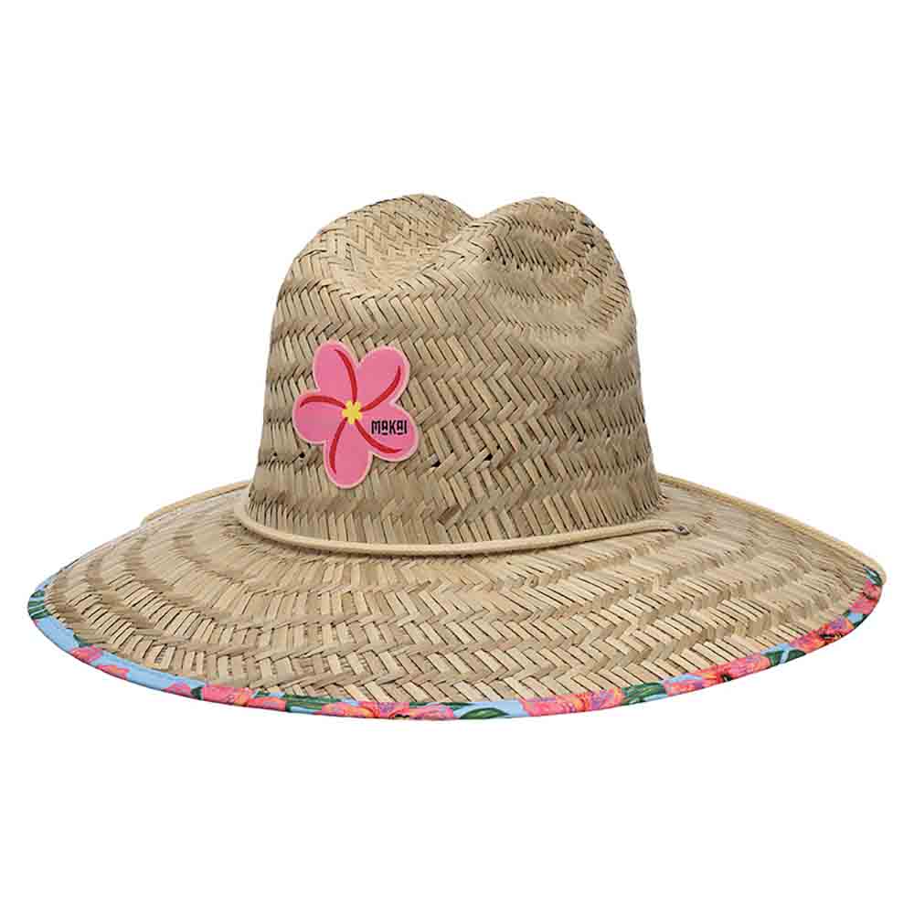 Petite Straw Lifeguard Hat with Hibiscus Underbrim - Makai Hat Co Lifeguard Hat Makai Hat MAK103OS Natural Small (56 cm) 