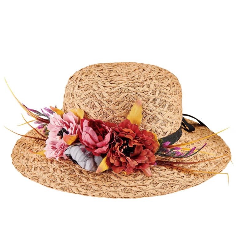 Petite Sun Hat with Floral Garland - San Diego Hat Wide Brim Sun Hat San Diego Hat Company PBK6596LGTAN Natural Small (55 cm) 