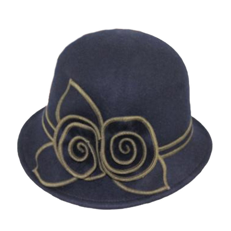 Wool Felt Cloche with Floral Accent - JSA Women's Hats Cloche Jeanne Simmons js7460nv Navy Medium (57 cm) 