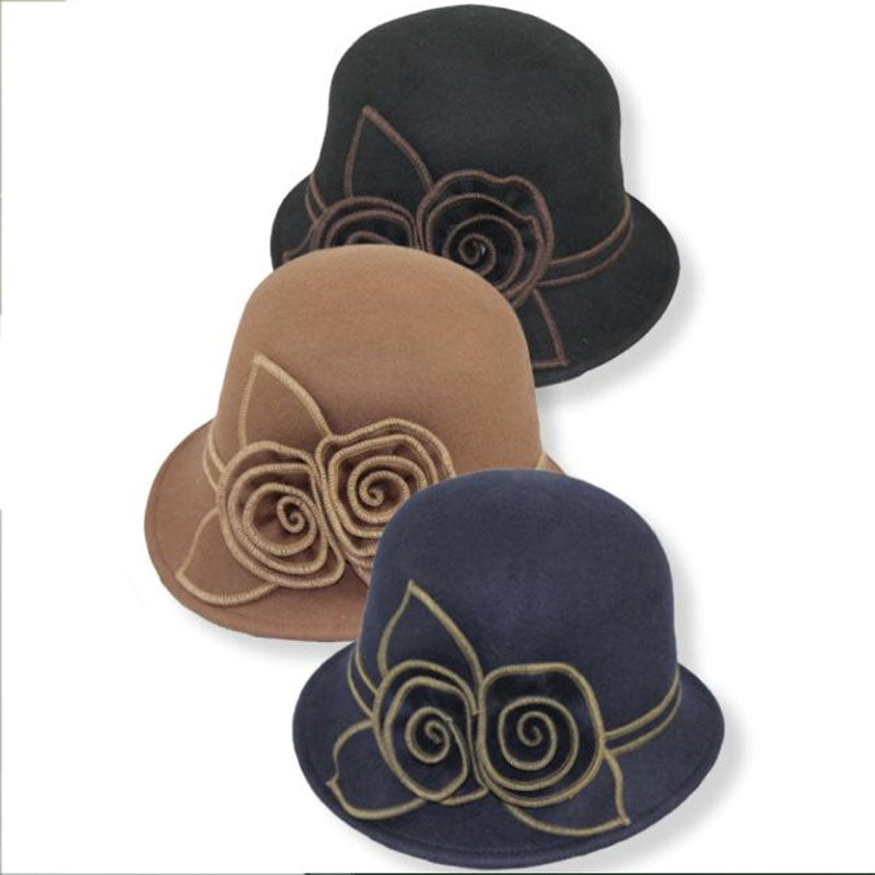 Wool Felt Cloche with Floral Accent - JSA Women's Hats Cloche Jeanne Simmons js7460mc Mocha Medium (57 cm) 