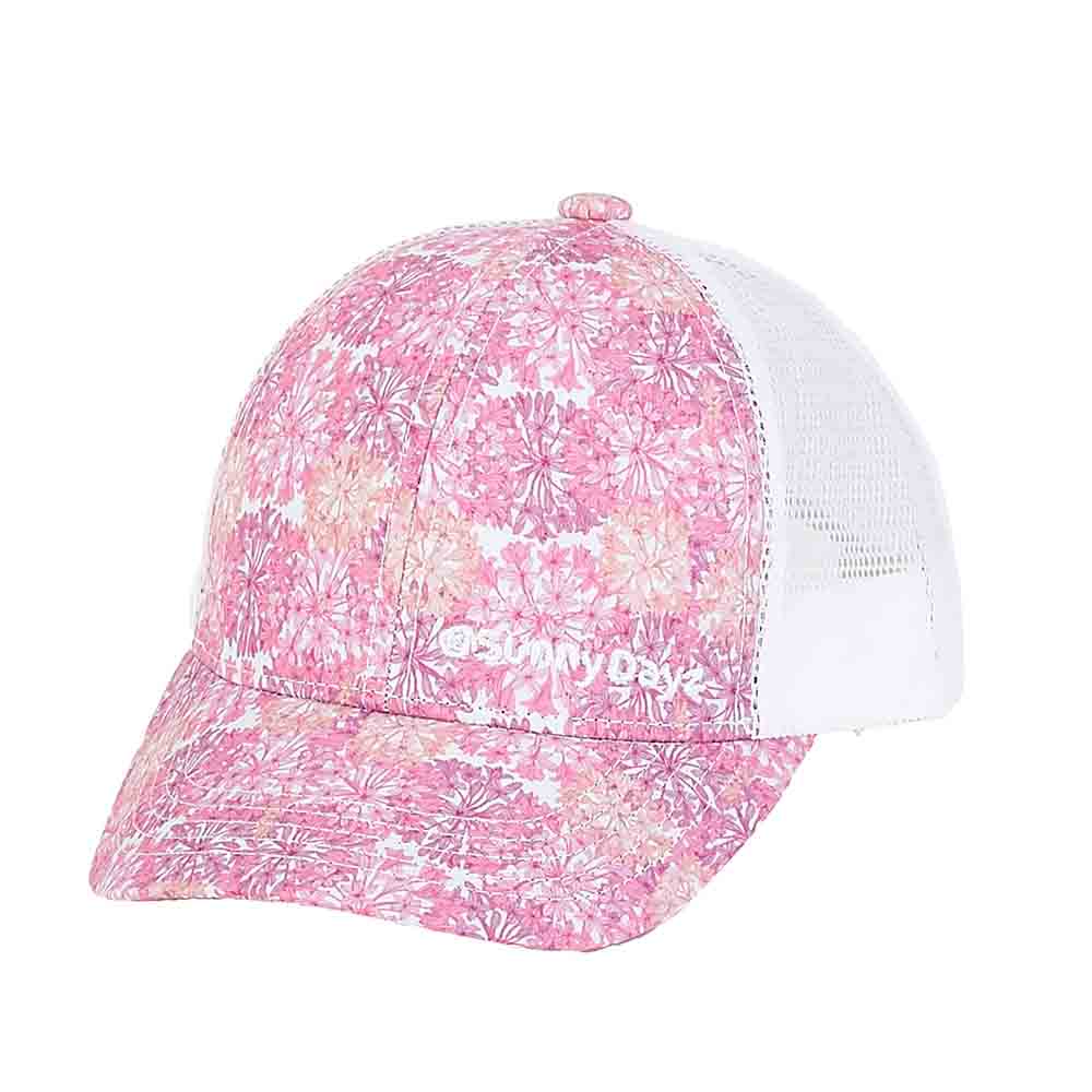 Pink Flower Trucker's Cap for Small Heads - Sunny Dayz Petite Hats Cap Sun N Sand Hats HK242 Pink XS / S (52-54 cm) 
