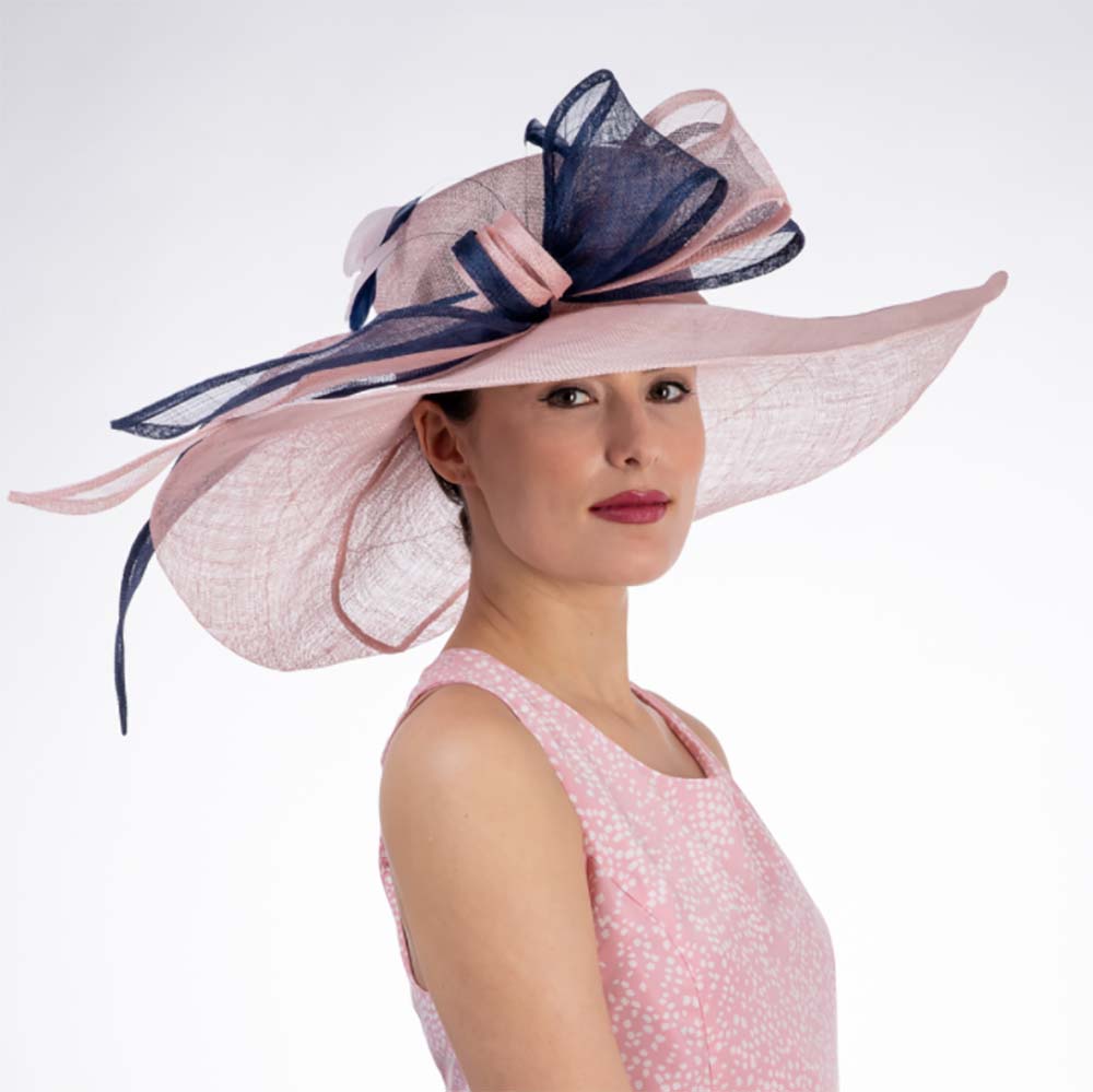 Pink and Navy Long Bow Wide Brim Derby Hat