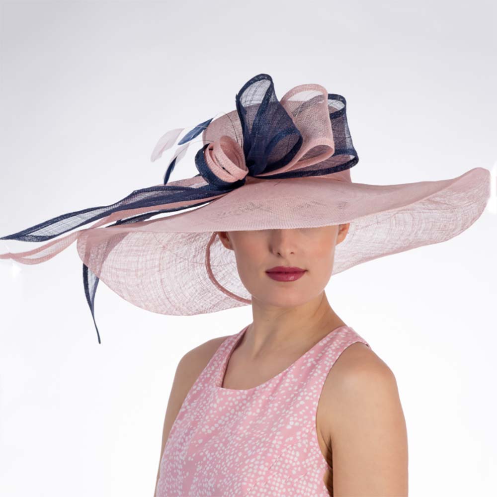 Pink and Navy Long Bow Wide Brim Derby Hat - KaKyCO, Dress Hat - SetarTrading Hats 