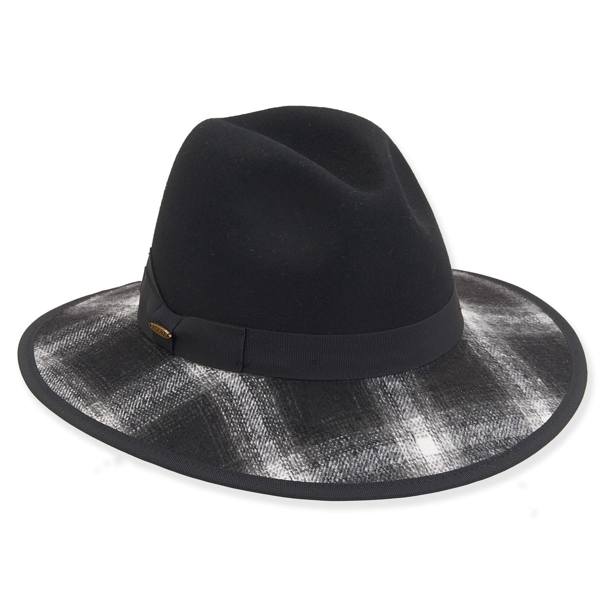Plaid Brim Wool Felt Safari Hat - Adora® Hats Safari Hat Adora Hats AD1120A Black / White  