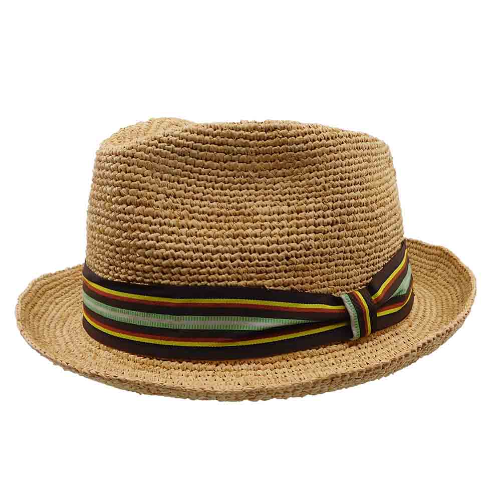 Raffia Fedora Hat with Striped Band - Brooklyn Hat Co Fedora Hat Brooklyn Hat    
