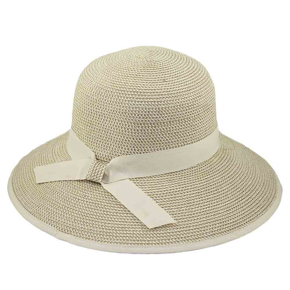 Ribbon Trimmed Wide Brim Sun Hat - Jeanne Simmons Hats Wide Brim Hat Jeanne Simmons js8255WH White Tweed Medium (57 cm) 