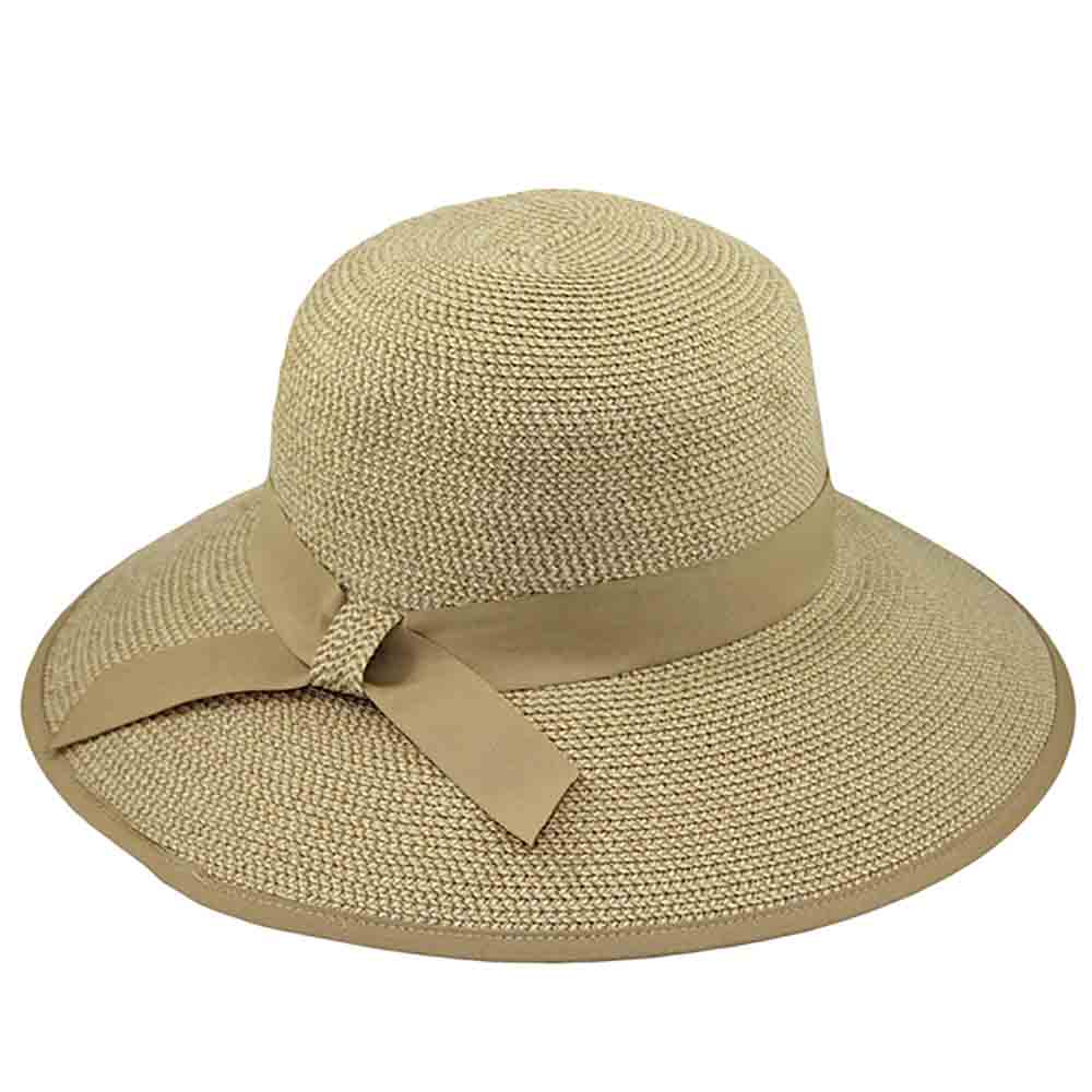Ribbon Trimmed Wide Brim Sun Hat - Jeanne Simmons Hats Wide Brim Hat Jeanne Simmons js8255TN Tan Tweed Medium (57 cm) 