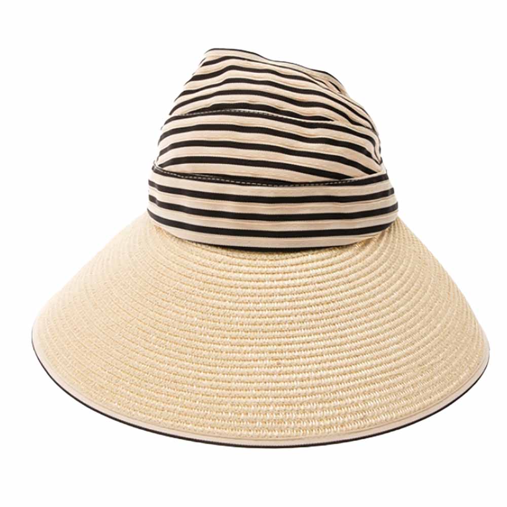 Ribbon and Straw Wide Brim Ponytail Sun Hat - Boardwalk Hats Visor Cap Boardwalk Style Hats    