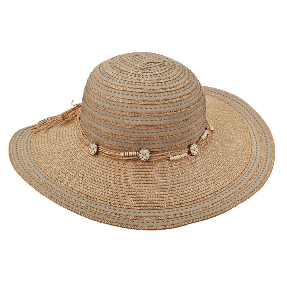 Ribbon and Straw Striped Crown Wide Brim Sun Hat - Tropical Trends, Wide Brim Sun Hat - SetarTrading Hats 