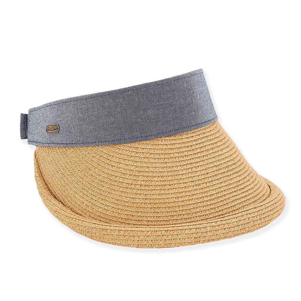 Rolled Brim Straw Visor Hat with Denim Band - Sun 'N' Sand Hats Visor Cap Sun N Sand Hats HH2740B Tan  