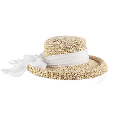 Rolled Brim Toyo Straw Hat with Gauze Tie - Scala Pronto Kettle Brim Hat Scala Hats lt94WH White  
