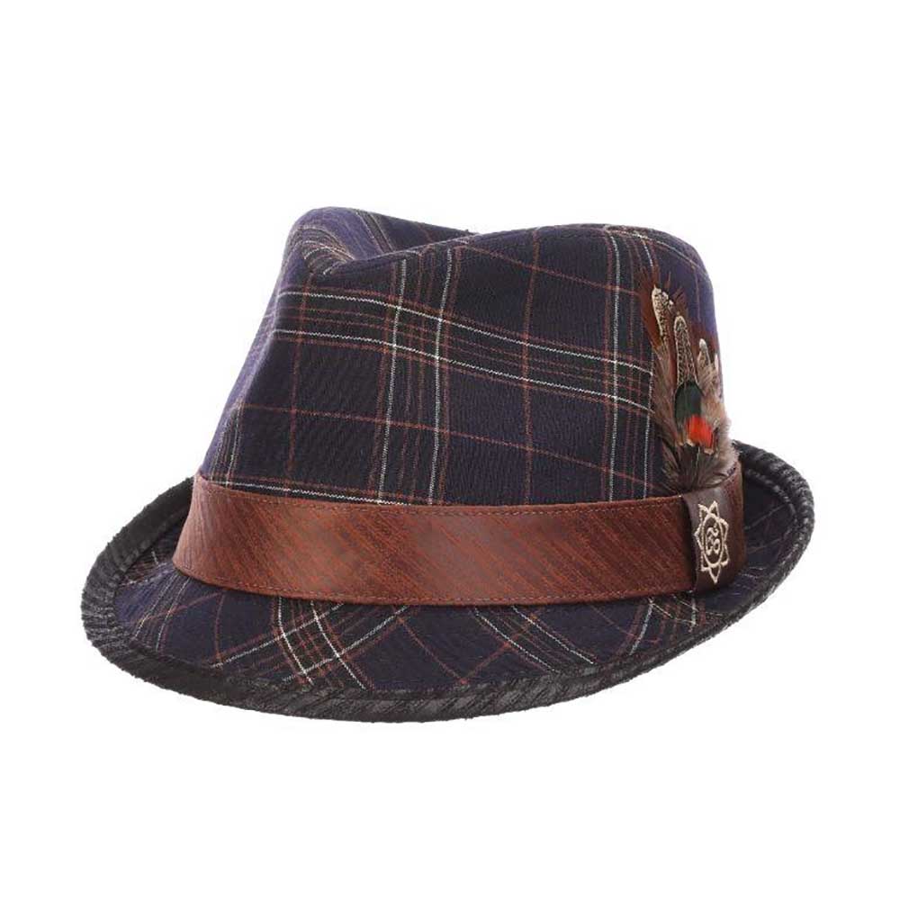 Romeo Plaid Cotton Fedora with Faux Leather Trim - Carlos Santana Hats, Fedora Hat - SetarTrading Hats 
