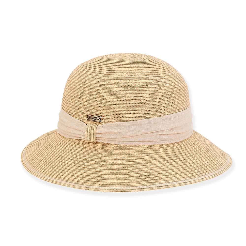 Small Brim Straw Cloche with Linen Band - Sun 'N' Sand Hats Cloche Sun N Sand Hats HH2632A Natural OS (57 cm) 