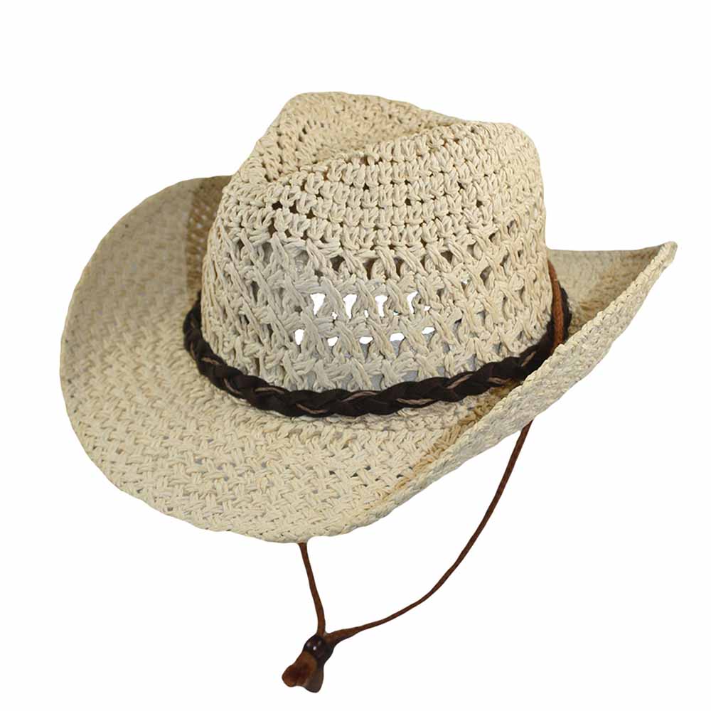 Small Heads Open Weave Straw Cowboy Hat with Chin Cord - Jeanne Simmons Hats Cowboy Hat Jeanne Simmons js1245bg Beige Extra-Small (54 cm) 