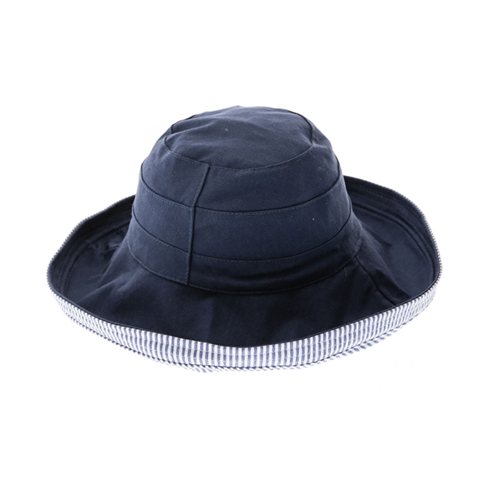 Small Heads Reversible Cotton & Seersucker Up Brim Hat - Boardwalk Style Hats Cloche Boardwalk Style Hats DA2951nv Navy XXS (52 cm) 