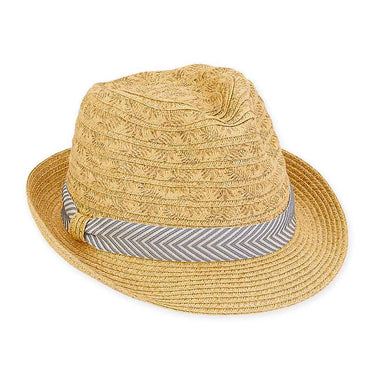 Small Heads Straw Fedora Hat with Chevron Band - Sunny Dayz™ Fedora Hat Sun N Sand Hats HK284 Natural Small (54 cm) 