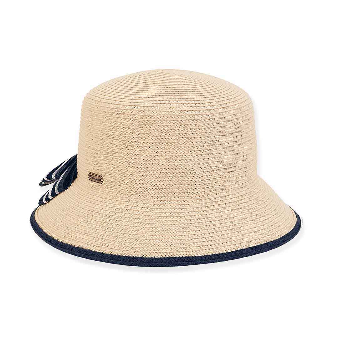 Split Brim Straw Cloche with Striped Bow - Sun 'N' Sand Hats Facesaver Hat Sun N Sand Hats HH2635A Natural OS (57 cm) 