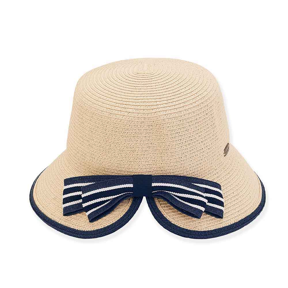 Split Brim Straw Cloche with Striped Bow - Sun 'N' Sand Hats Facesaver Hat Sun N Sand Hats    