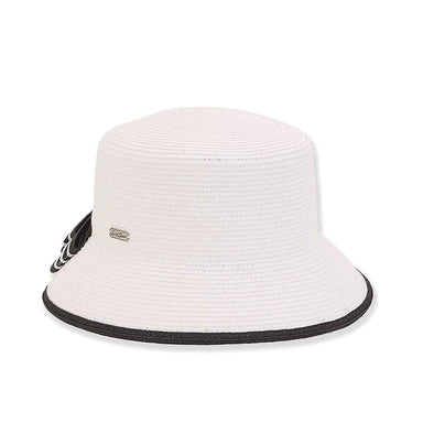 Split Brim Straw Cloche with Striped Bow - Sun 'N' Sand Hats Facesaver Hat Sun N Sand Hats HH2635B White OS (57 cm) 