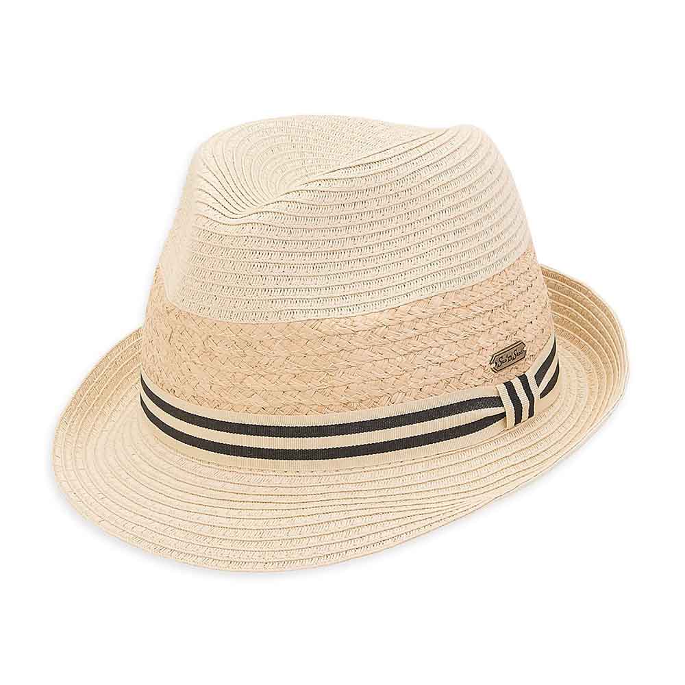 Striped Band Fedora with Raffia Mid-Crown - Sun 'N' Sand Hats Fedora Hat Sun N Sand Hats HH2578B Natural M/L (57-58 cm) 