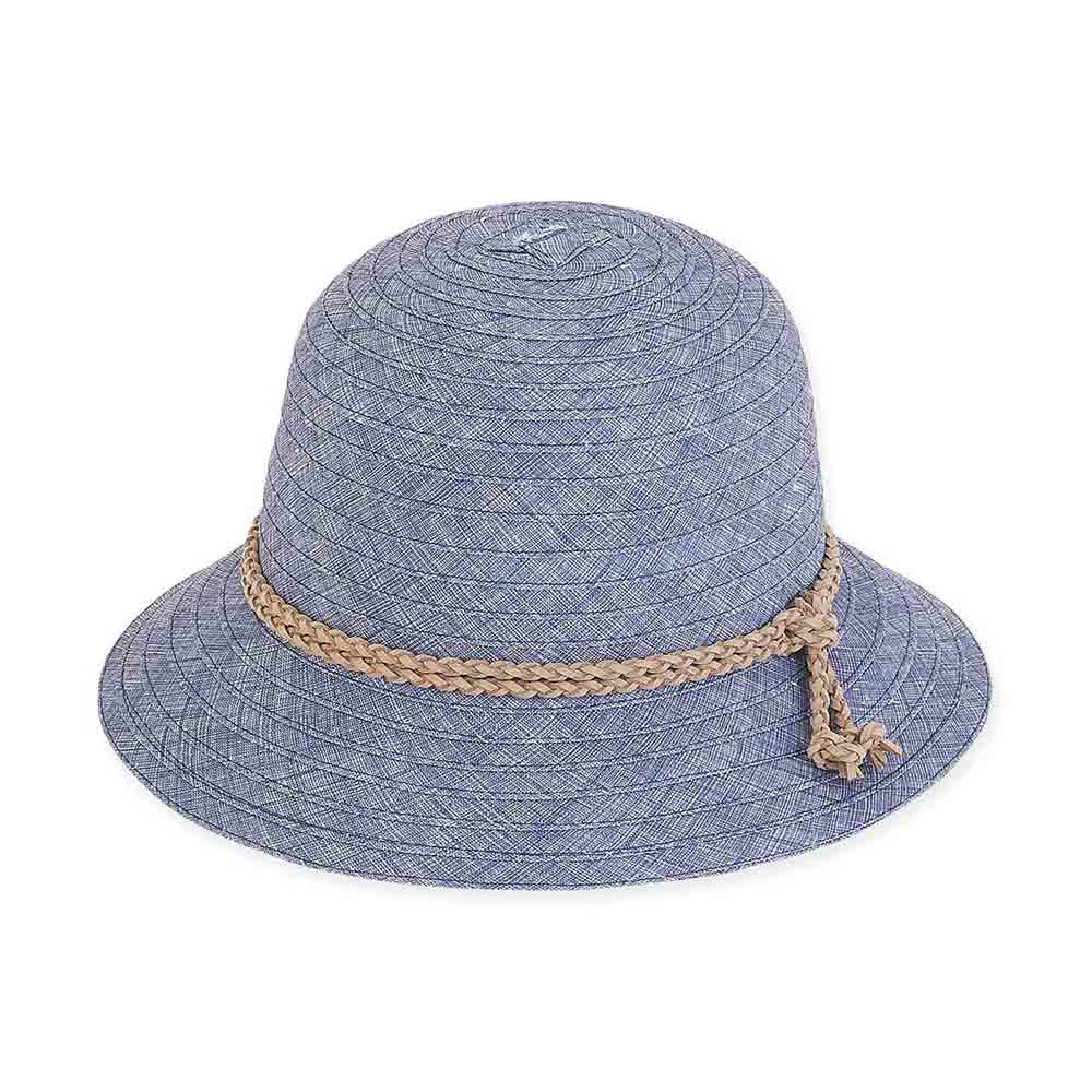 Textured Ribbon Cloche Hat with Braided Tie - Sun 'N' Sand Hats Cloche Sun N Sand Hats hh1964B Denim  