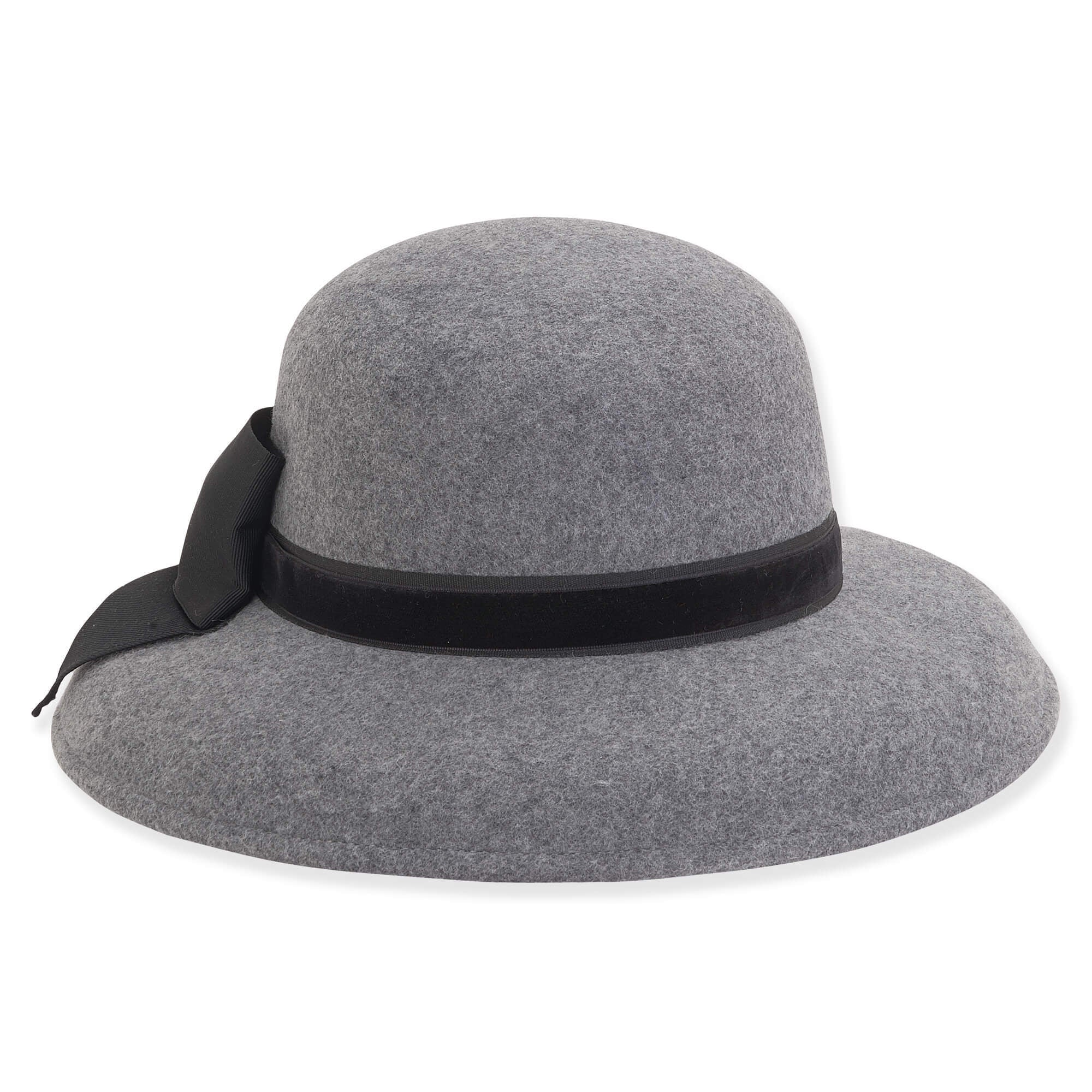 Tiffany Style Wool Felt Hat with Large Bow - Adora® Hats Cloche Adora Hats AD1090B Grey  