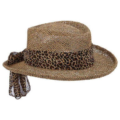 Twisted Seagrass Gambler Hat with Animal Print Bow - Scala Hats, Gambler Hat - SetarTrading Hats 